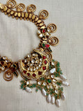 Gold polish kundan, emerald & ruby pendant necklace with small jade beads and pearls-Silver Neckpiece-CI-House of Taamara