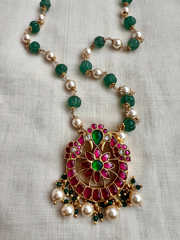 Gold polish kundan, emerald & ruby pendant with pearls and green onyx beads chain-Silver Neckpiece-CI-House of Taamara