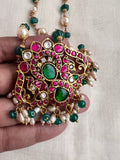 Gold polish kundan, emerald & ruby pendant with pearls & green onyx beads chain-Silver Neckpiece-CI-House of Taamara