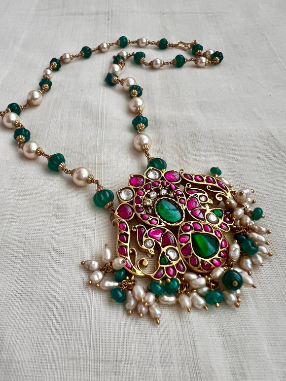 Gold polish kundan, emerald & ruby pendant with pearls & green onyx beads chain-Silver Neckpiece-CI-House of Taamara