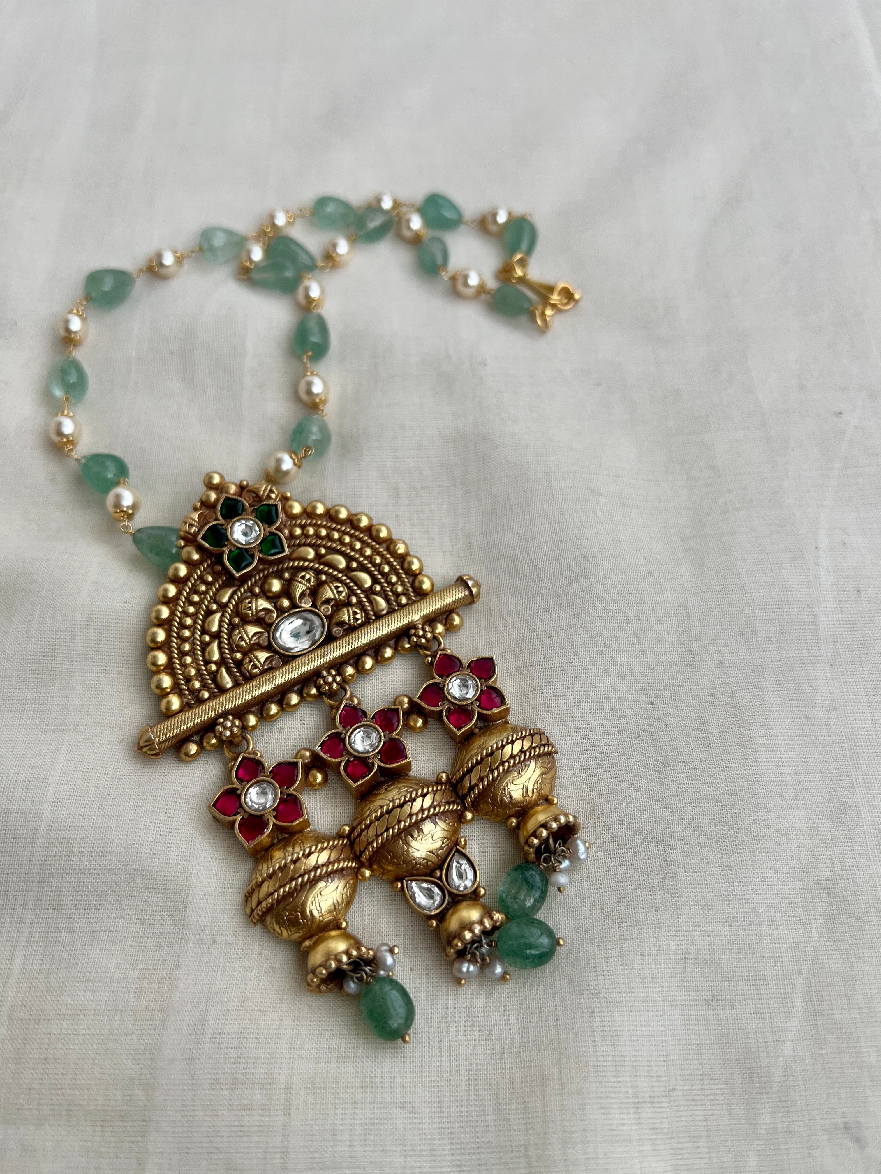 Gold polish kundan, emerald & ruby style necklace with pearls & jade beads chain-Silver Neckpiece-CI-House of Taamara