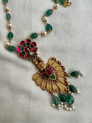 Gold polish kundan, emerald & ruby style necklace with pearls & jade beads chain-Silver Neckpiece-CI-House of Taamara