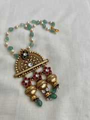 Gold polish kundan, emerald & ruby style necklace with pearls & jade beads chain-Silver Neckpiece-CI-House of Taamara