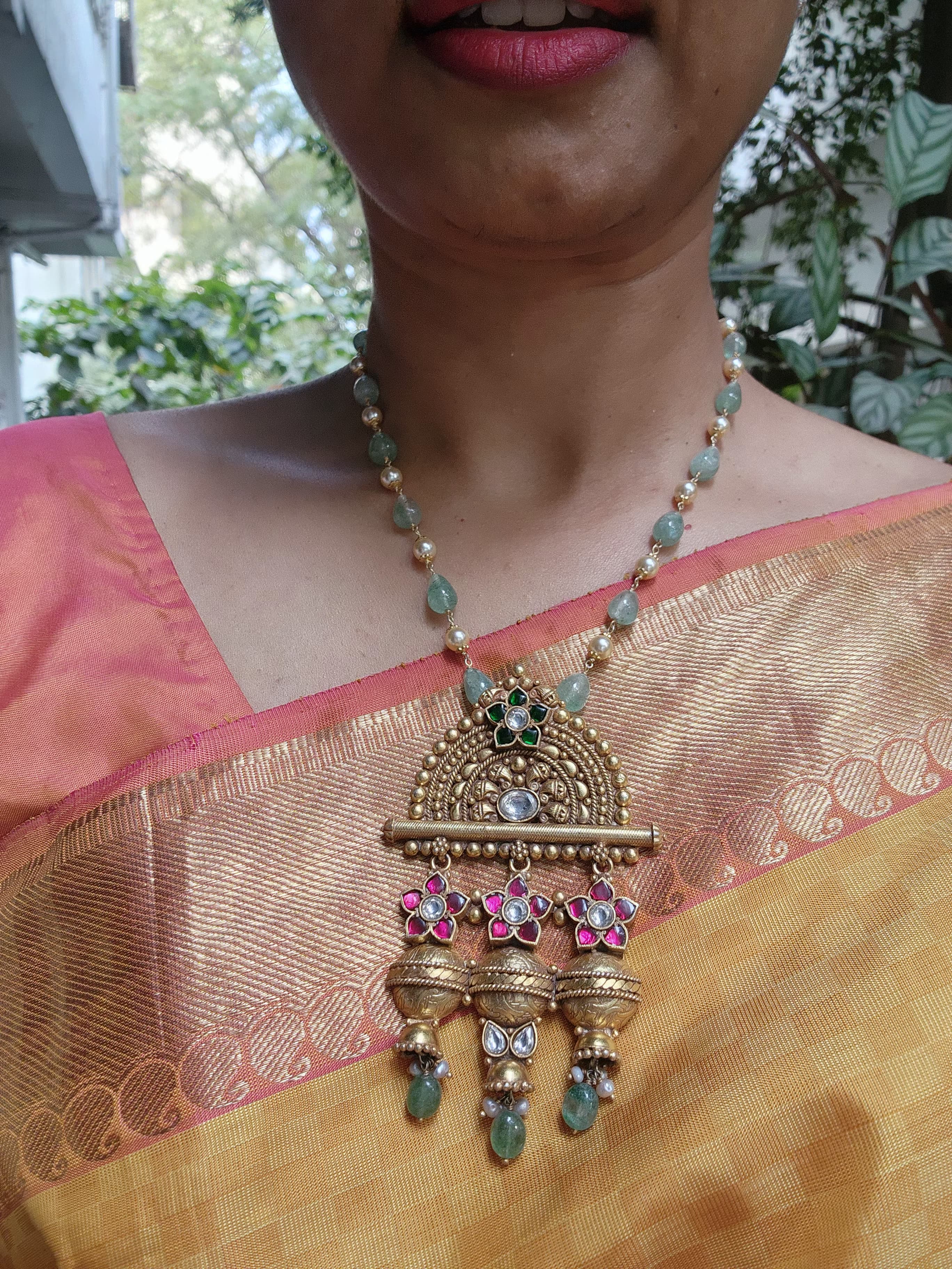 Gold polish kundan, emerald & ruby style necklace with pearls & jade beads chain-Silver Neckpiece-CI-House of Taamara