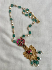 Gold polish kundan, emerald & ruby style necklace with pearls & jade beads chain-Silver Neckpiece-CI-House of Taamara