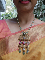 Gold polish kundan, emerald & ruby style necklace with pearls & jade beads chain-Silver Neckpiece-CI-House of Taamara