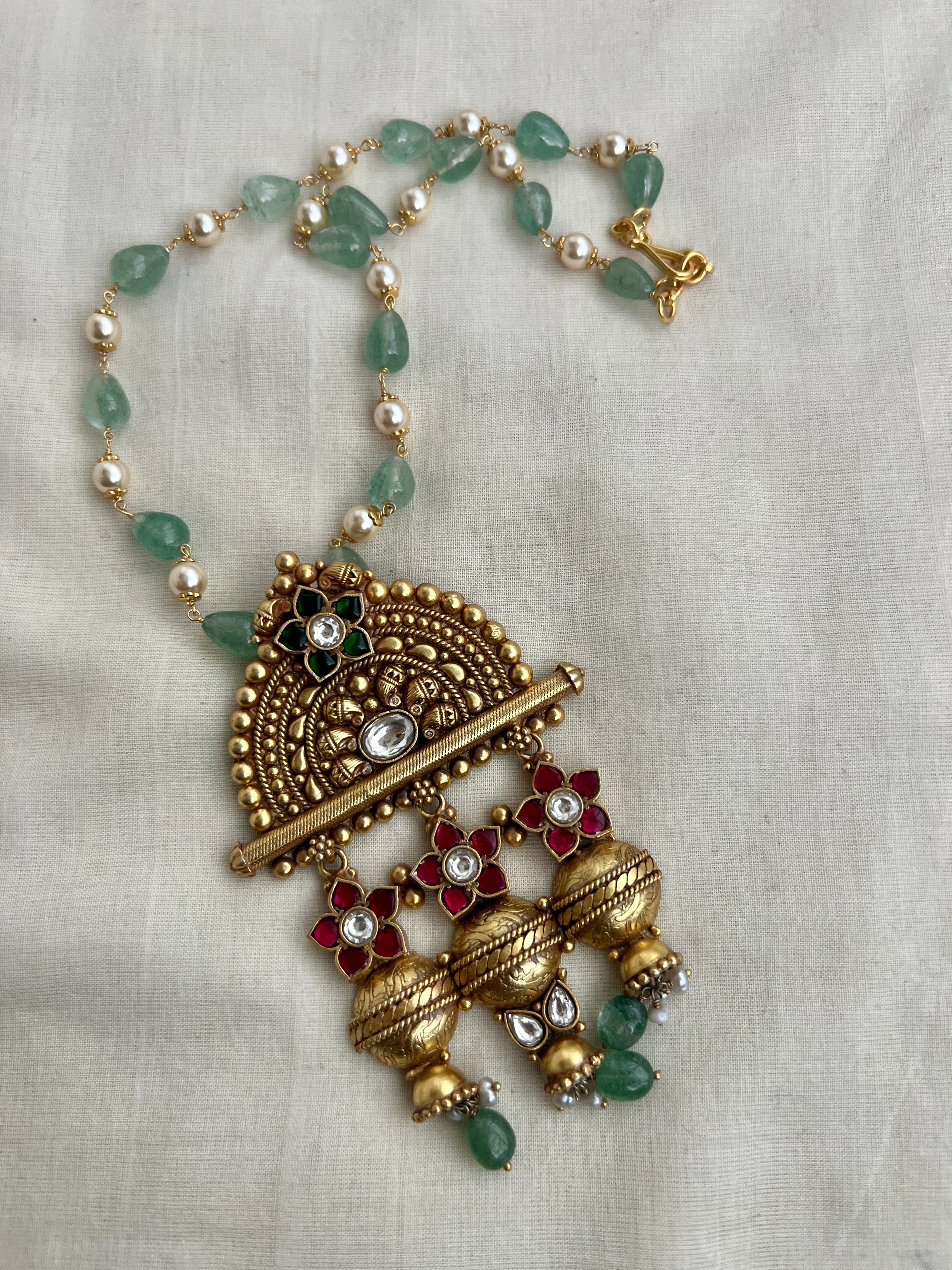 Gold polish kundan, emerald & ruby style necklace with pearls & jade beads chain-Silver Neckpiece-CI-House of Taamara