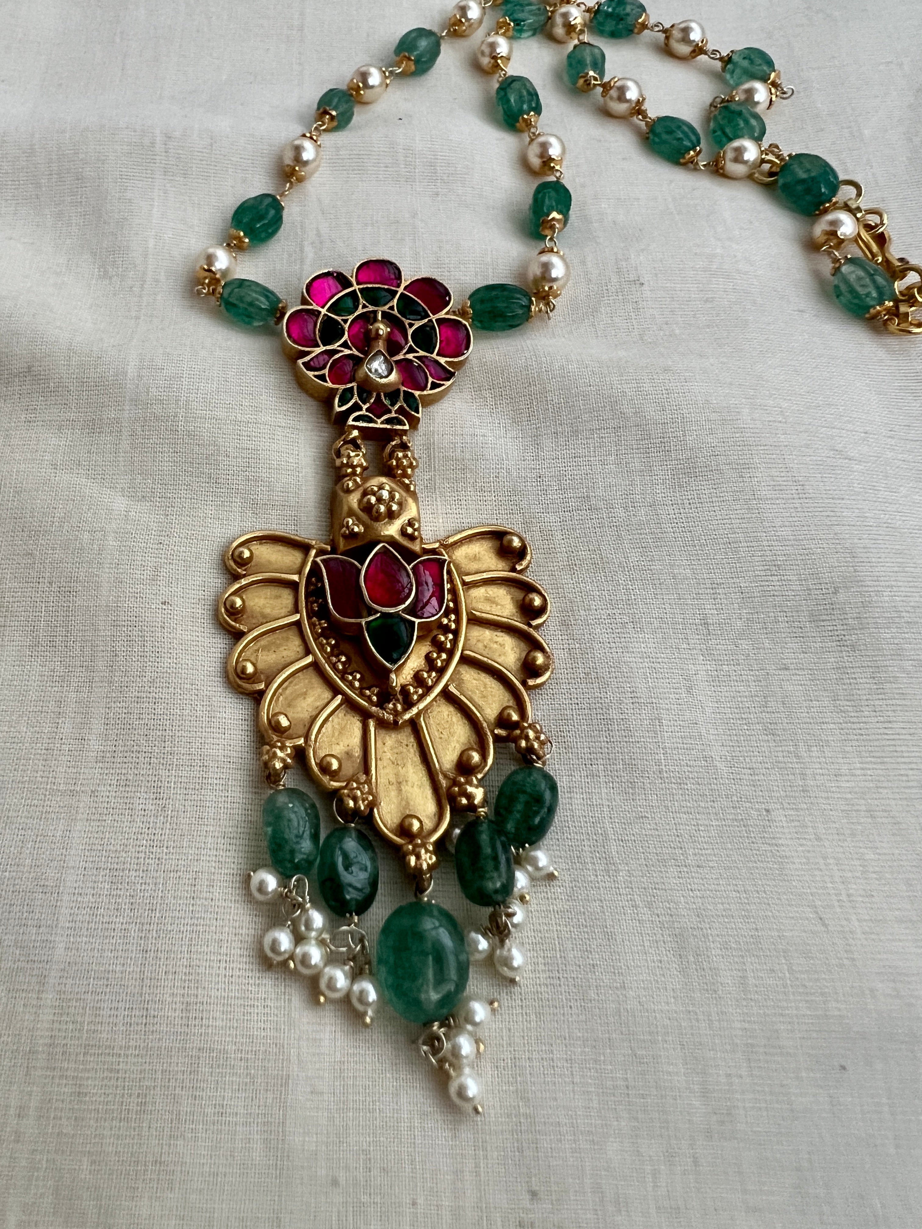 Gold polish kundan, emerald & ruby style necklace with pearls & jade beads chain-Silver Neckpiece-CI-House of Taamara