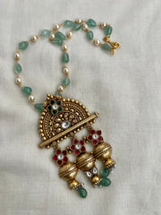 Gold polish kundan, emerald & ruby style necklace with pearls & jade beads chain-Silver Neckpiece-CI-House of Taamara