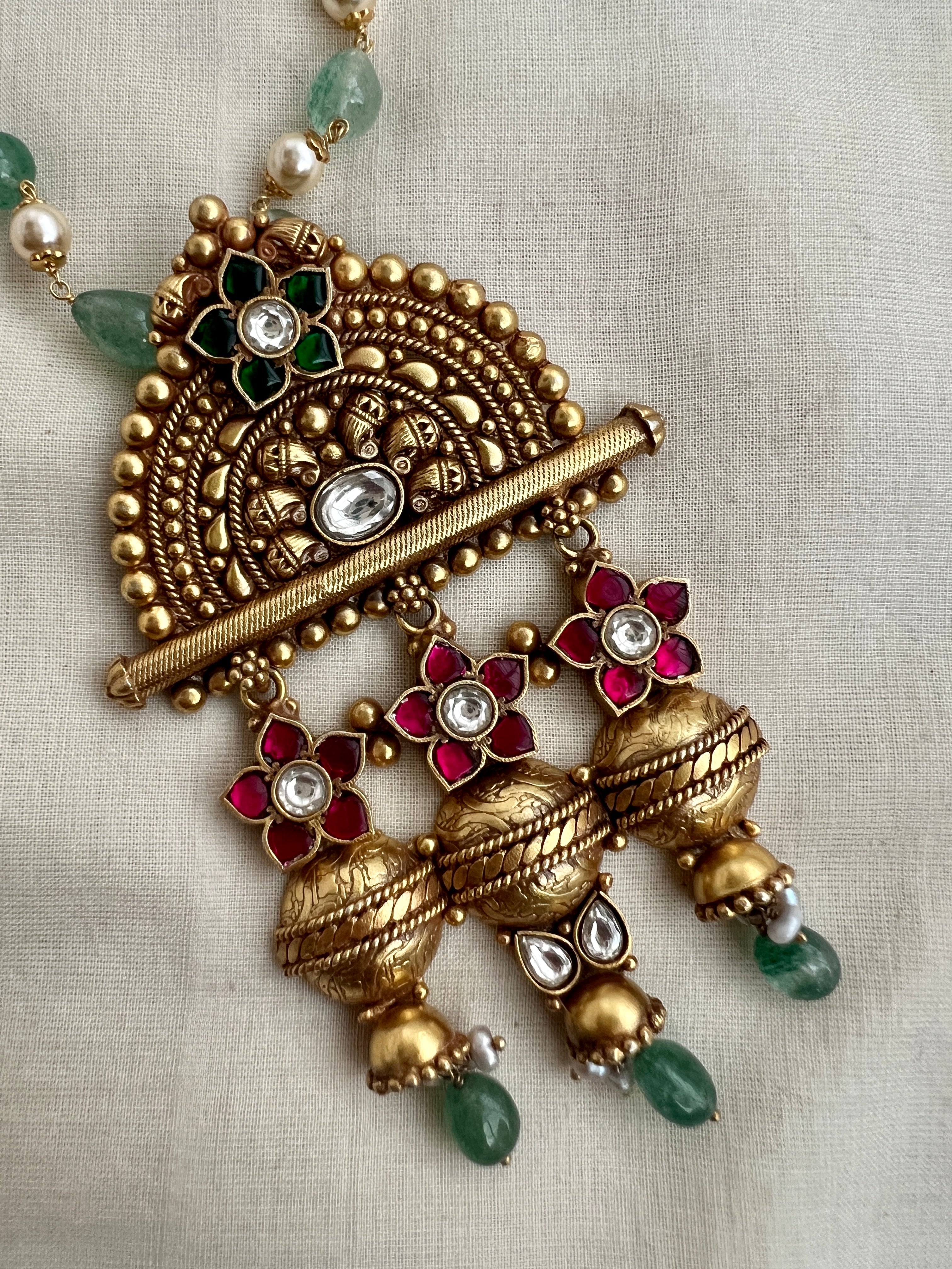 Gold polish kundan, emerald & ruby style necklace with pearls & jade beads chain-Silver Neckpiece-CI-House of Taamara