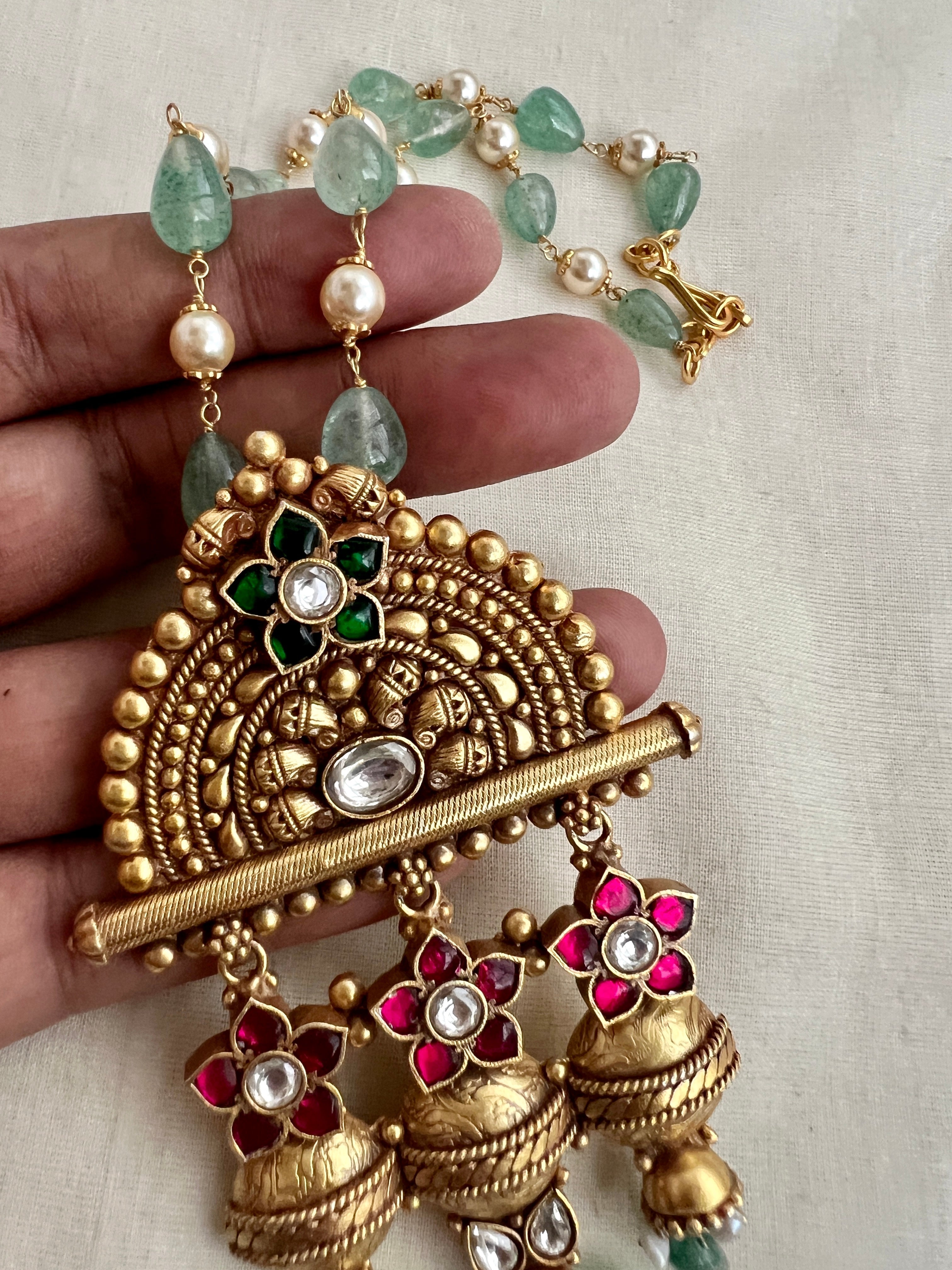 Gold polish kundan, emerald & ruby style necklace with pearls & jade beads chain-Silver Neckpiece-CI-House of Taamara