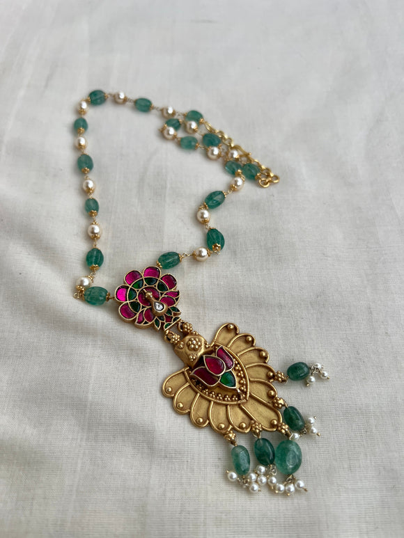 Gold polish kundan, emerald & ruby style necklace with pearls & jade beads chain-Silver Neckpiece-CI-House of Taamara