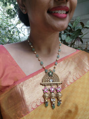 Gold polish kundan, emerald & ruby style necklace with pearls & jade beads chain-Silver Neckpiece-CI-House of Taamara