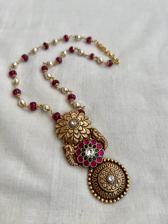Gold polish kundan, emerald & ruby style necklace with pearls & ruby beads chain-Silver Neckpiece-CI-House of Taamara