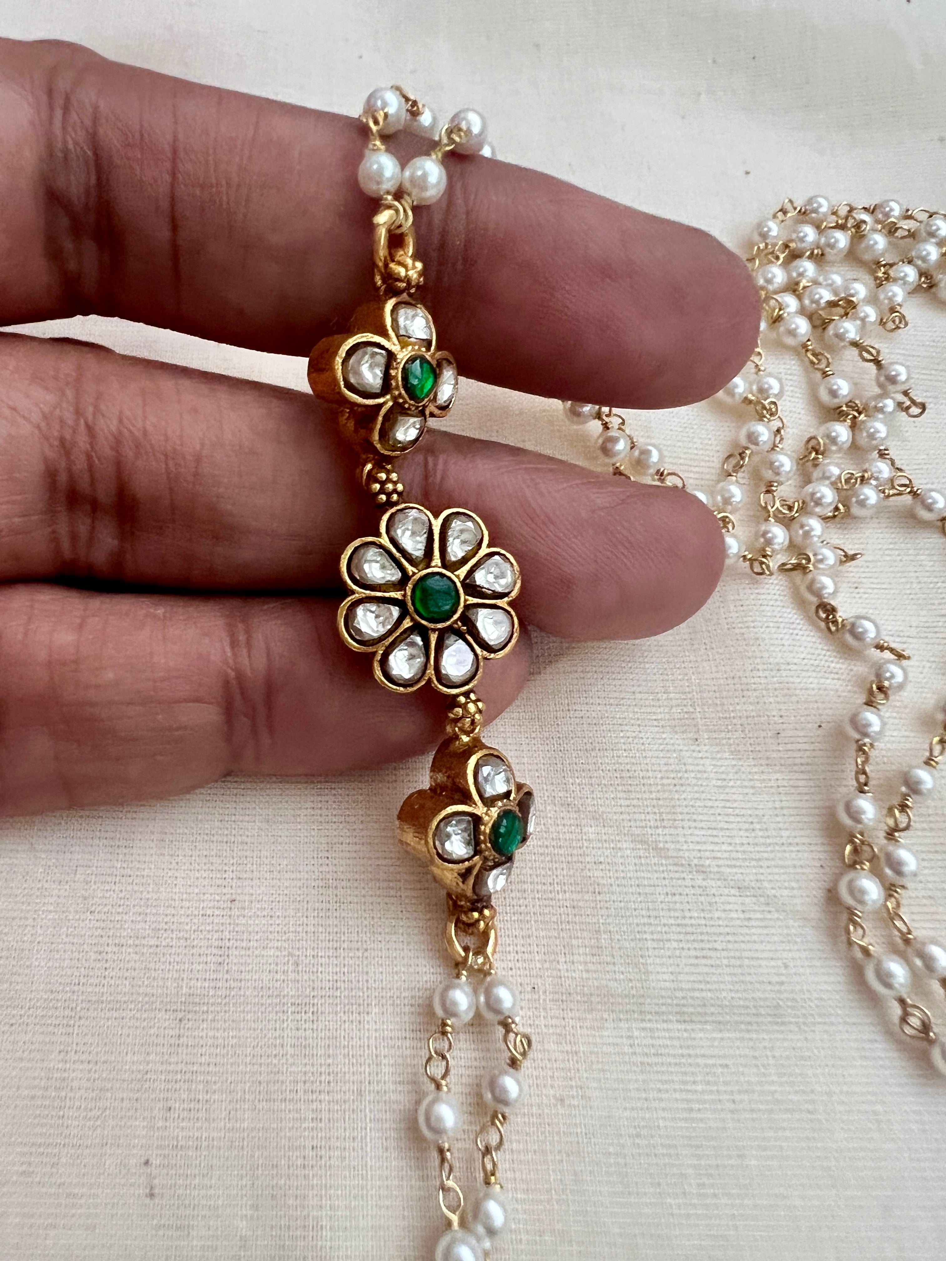 Gold polish kundan & emerald side mope long pearls chain-Silver Neckpiece-CI-House of Taamara