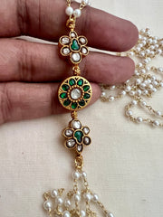 Gold polish kundan & emerald side mope long pearls chain-Silver Neckpiece-CI-House of Taamara