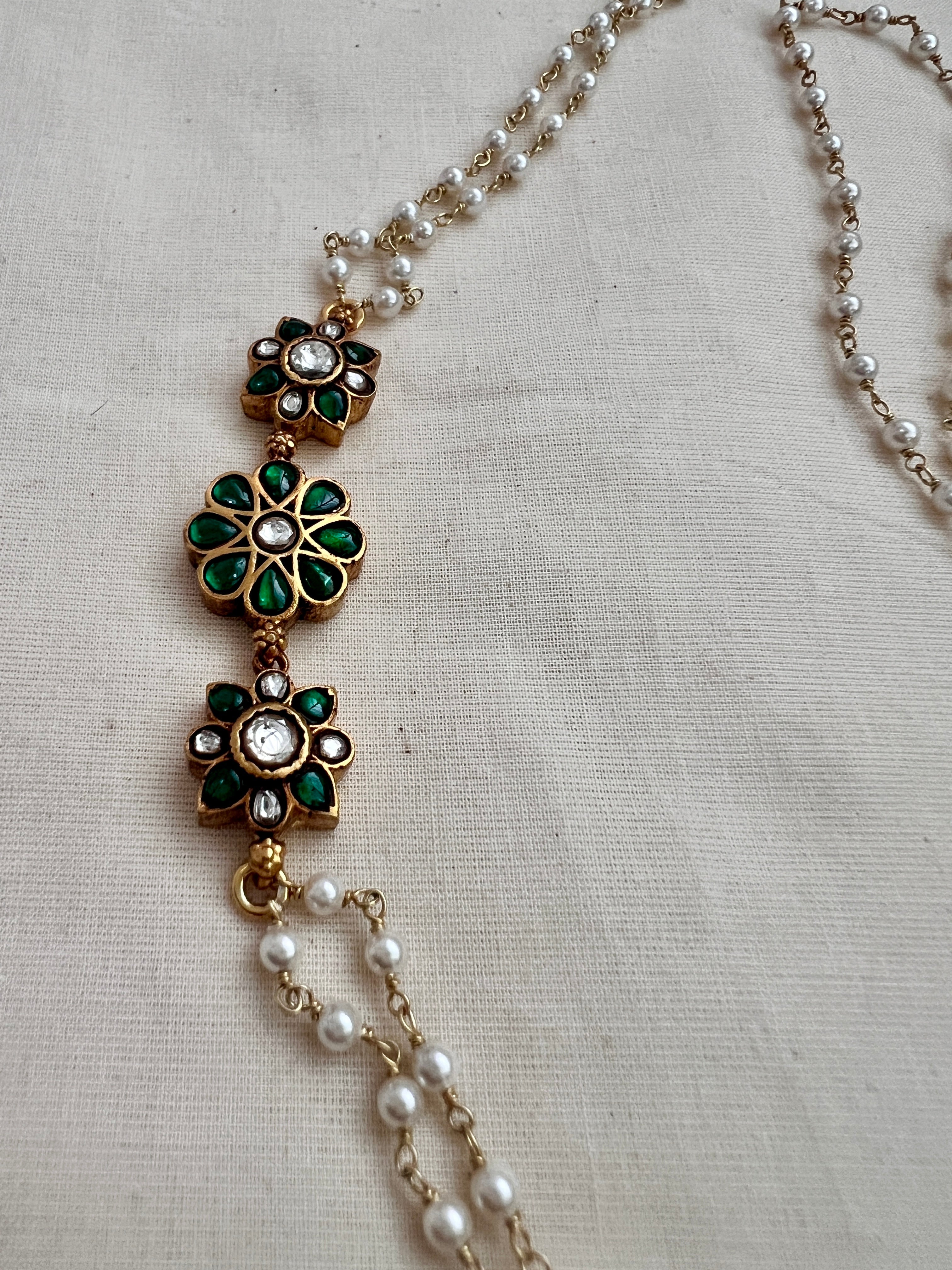 Gold polish kundan & emerald side mope long pearls chain-Silver Neckpiece-CI-House of Taamara