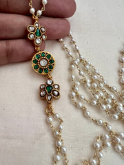 Gold polish kundan & emerald side mope long pearls chain-Silver Neckpiece-CI-House of Taamara