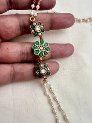 Gold polish kundan & emerald side mope long pearls chain-Silver Neckpiece-CI-House of Taamara