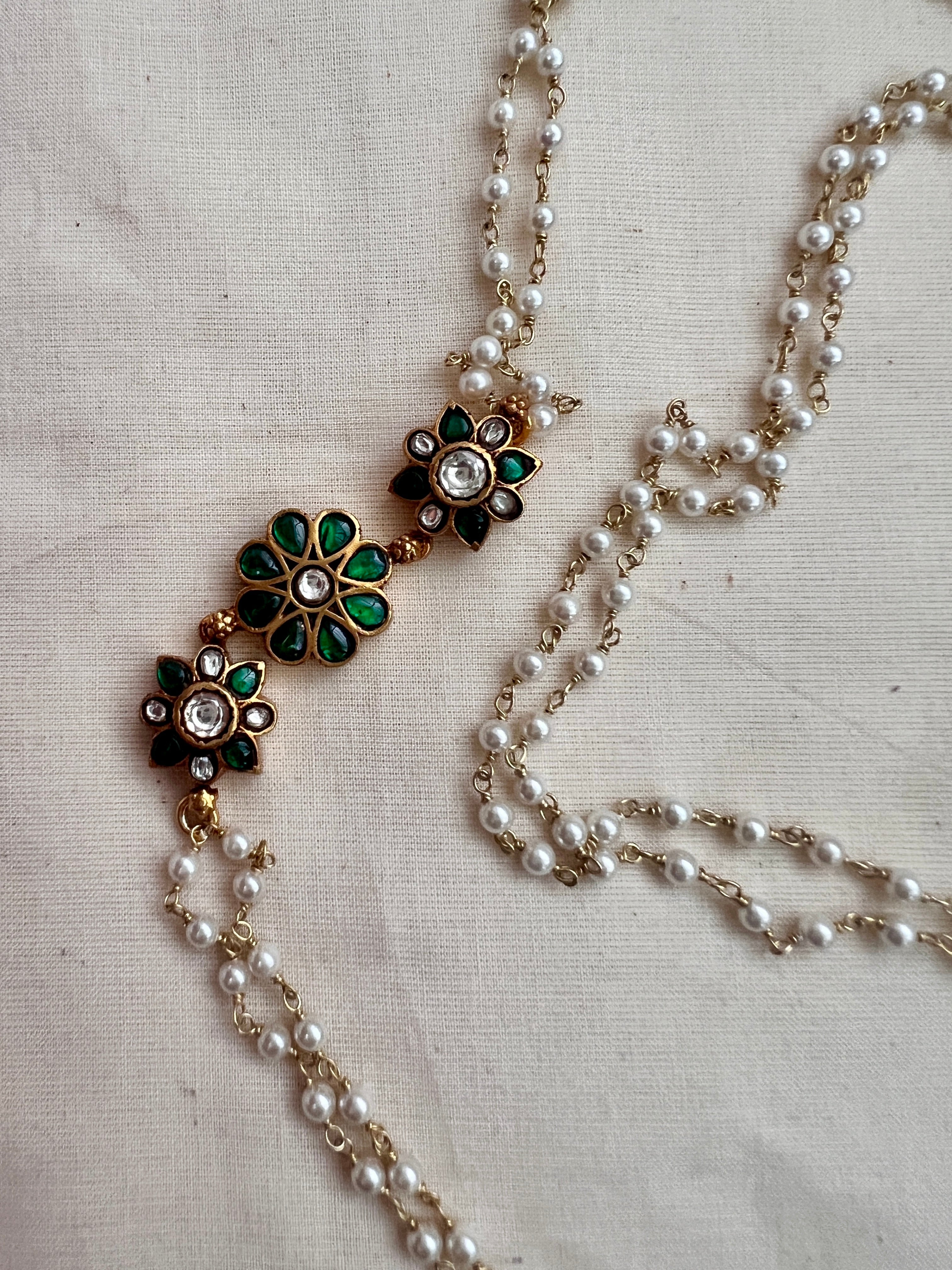 Gold polish kundan & emerald side mope long pearls chain-Silver Neckpiece-CI-House of Taamara