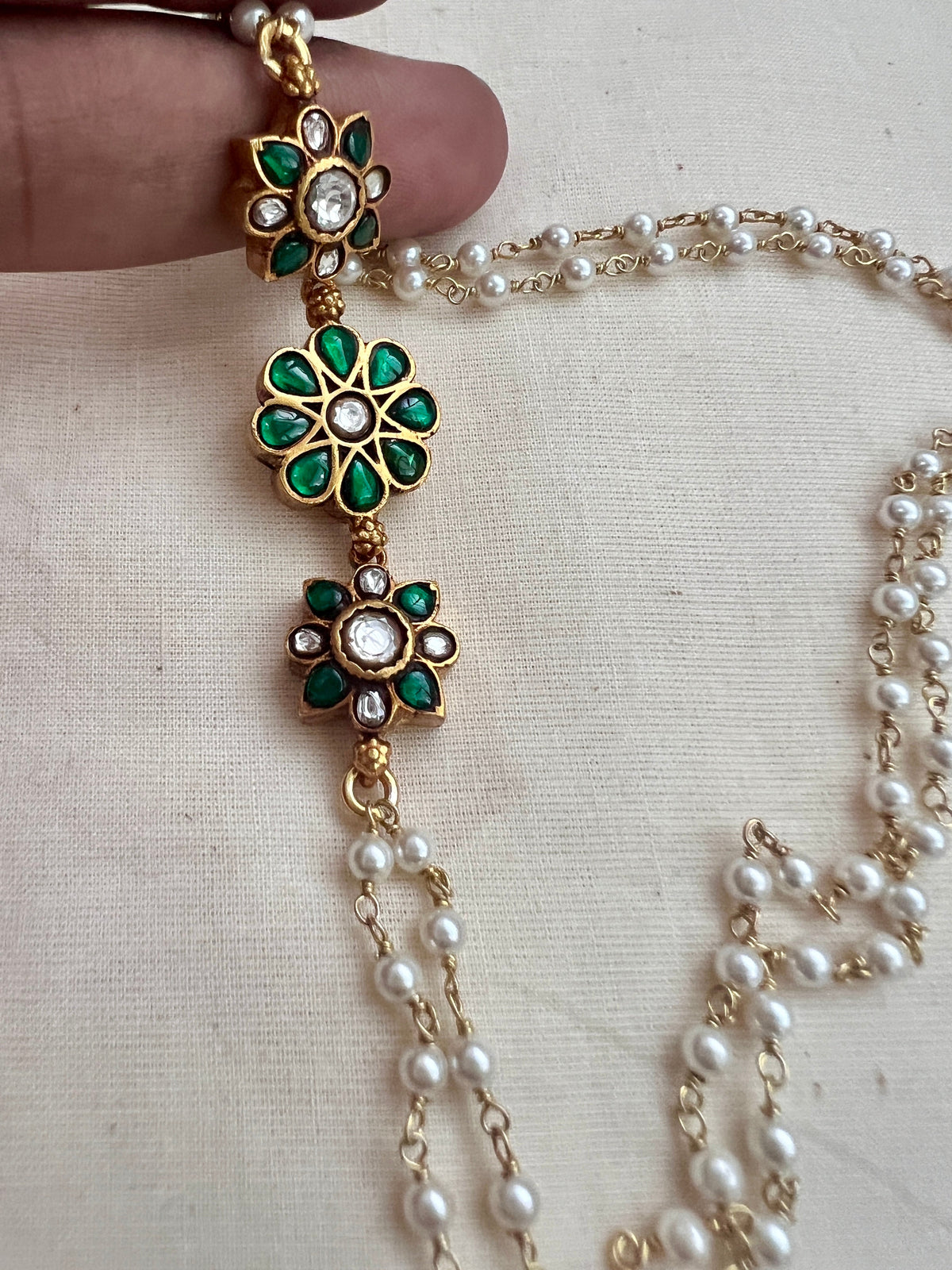 Gold polish kundan & emerald side mope long pearls chain-Silver Neckpiece-CI-House of Taamara