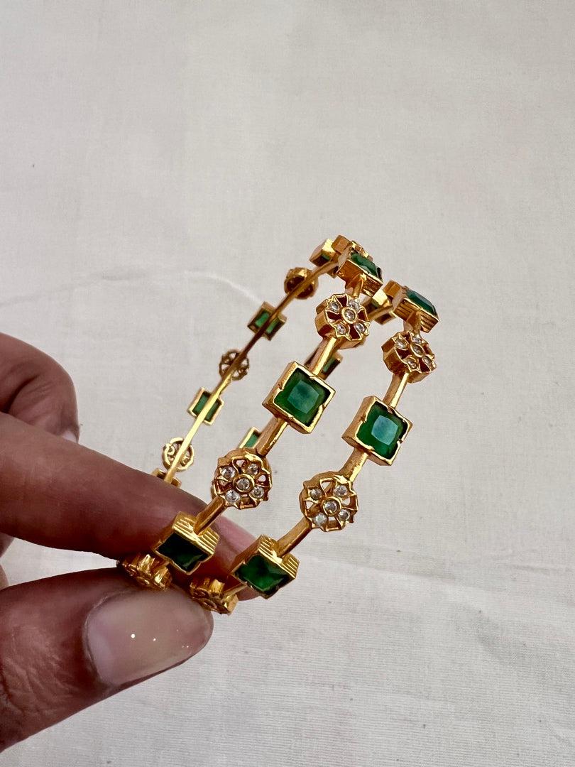 Gold polish kundan & emerald stone bangles, 2.3, PAIR-Silver Bracelet-CI-House of Taamara