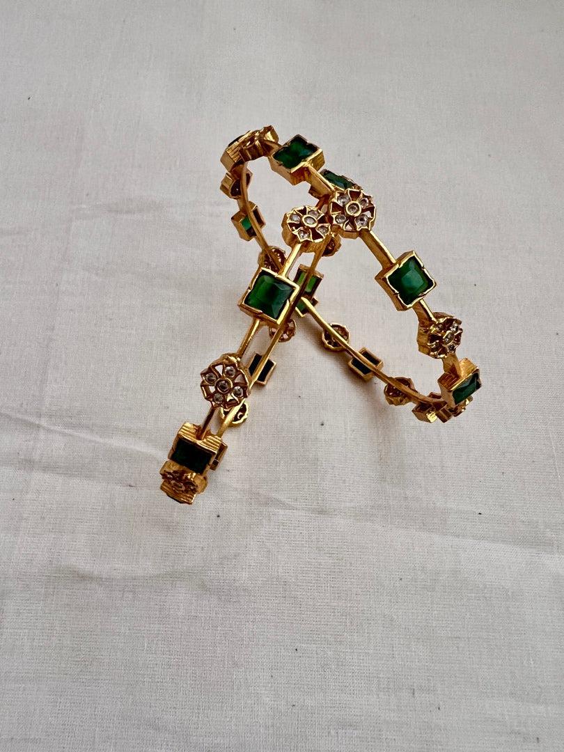 Gold polish kundan & emerald stone bangles, 2.3, PAIR-Silver Bracelet-CI-House of Taamara