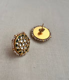 Gold polish kundan & emerald studs with pearls-Earrings-CI-House of Taamara