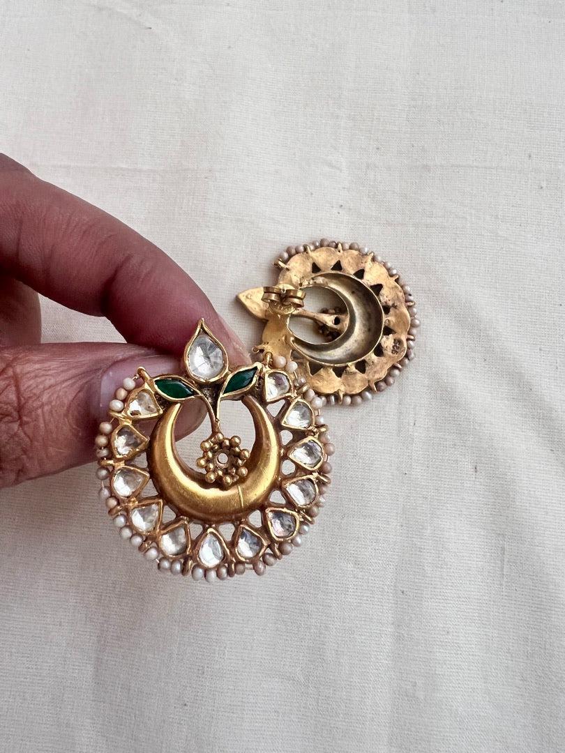 Gold polish kundan & emerald studs with pearls-Earrings-CI-House of Taamara