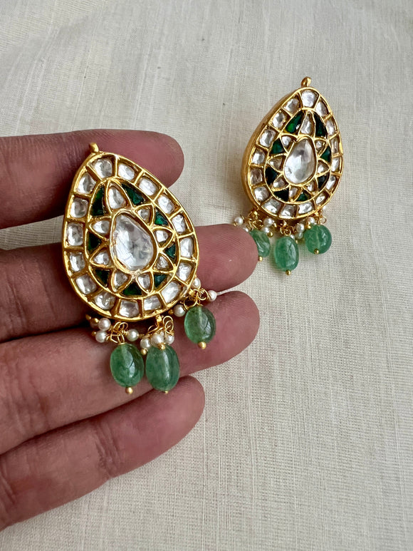 Gold polish kundan & emerald studs with pearls and jade beads-Earrings-CI-House of Taamara