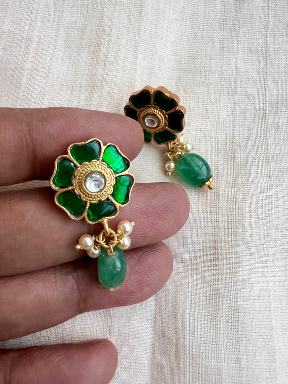 Gold polish kundan & emerald studs with pearls & jade beads-Earrings-CI-House of Taamara
