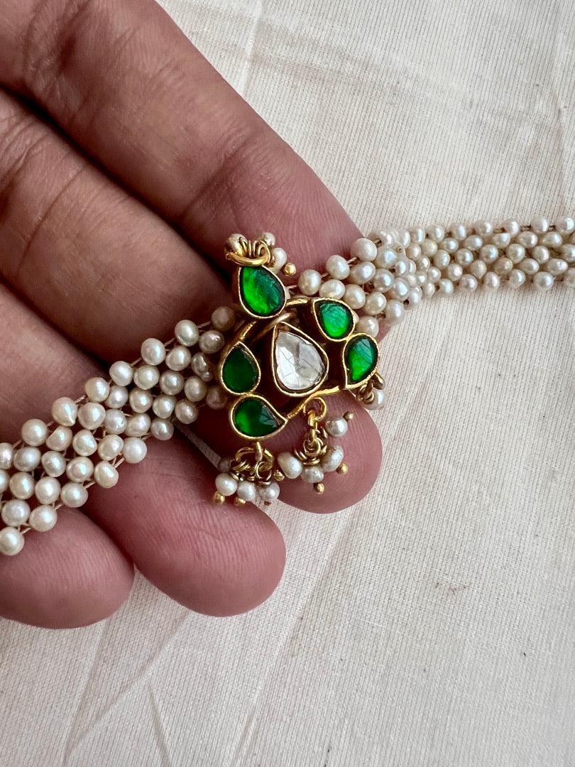 Gold polish kundan & emerald with mesh pearls bracelet-Silver Bracelet-CI-House of Taamara