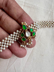 Gold polish kundan & emerald with mesh pearls bracelet-Silver Bracelet-CI-House of Taamara