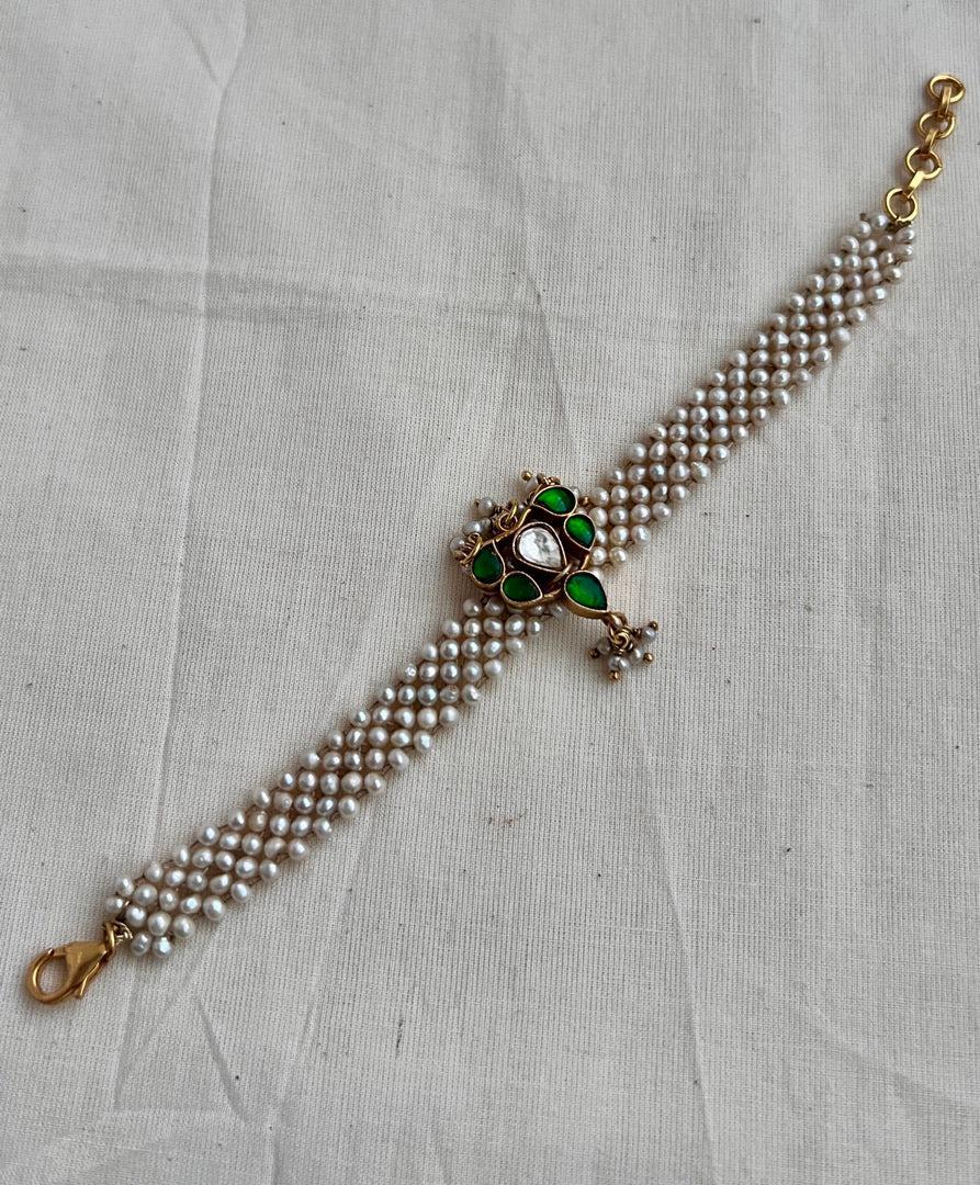 Gold polish kundan & emerald with mesh pearls bracelet-Silver Bracelet-CI-House of Taamara