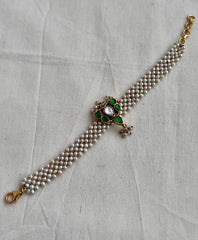Gold polish kundan & emerald with mesh pearls bracelet-Silver Bracelet-CI-House of Taamara