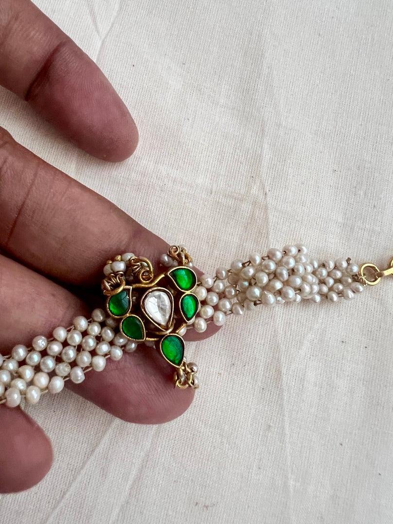 Gold polish kundan & emerald with mesh pearls bracelet-Silver Bracelet-CI-House of Taamara