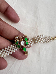 Gold polish kundan & emerald with mesh pearls bracelet-Silver Bracelet-CI-House of Taamara