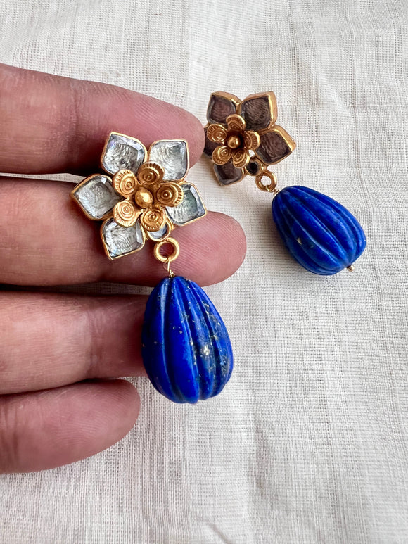 Gold polish kundan flower studs with blue lapiz carved beads-Earrings-CI-House of Taamara