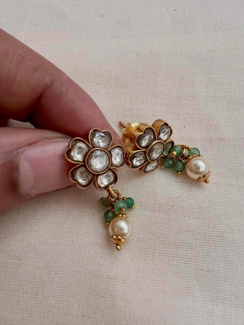 Gold polish kundan flower studs with pearls & jade beads-Earrings-CI-House of Taamara