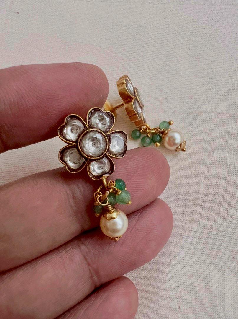 Gold polish kundan flower studs with pearls & jade beads-Earrings-CI-House of Taamara