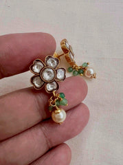 Gold polish kundan flower studs with pearls & jade beads-Earrings-CI-House of Taamara