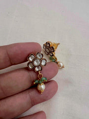 Gold polish kundan flower studs with pearls & jade beads-Earrings-CI-House of Taamara
