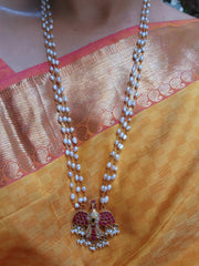 Gold polish kundan gandaberunda pendant with multi layer pearls chain-Silver Neckpiece-CI-House of Taamara