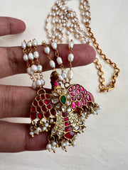 Gold polish kundan gandaberunda pendant with multi layer pearls chain-Silver Neckpiece-CI-House of Taamara