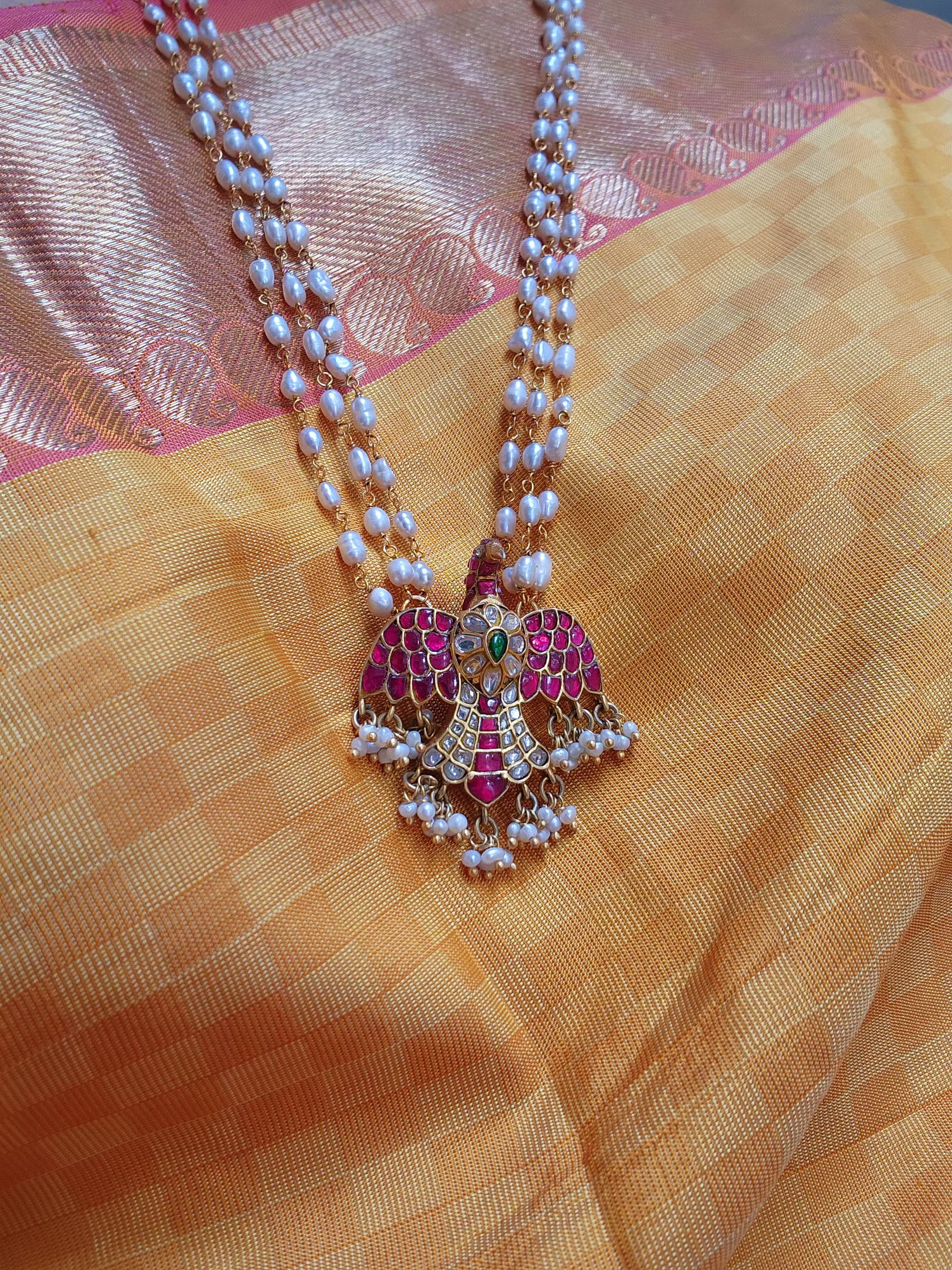 Gold polish kundan gandaberunda pendant with multi layer pearls chain-Silver Neckpiece-CI-House of Taamara