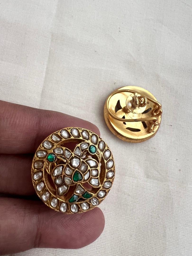 Gold polish kundan & green gandaberunda studs-Earrings-CI-House of Taamara