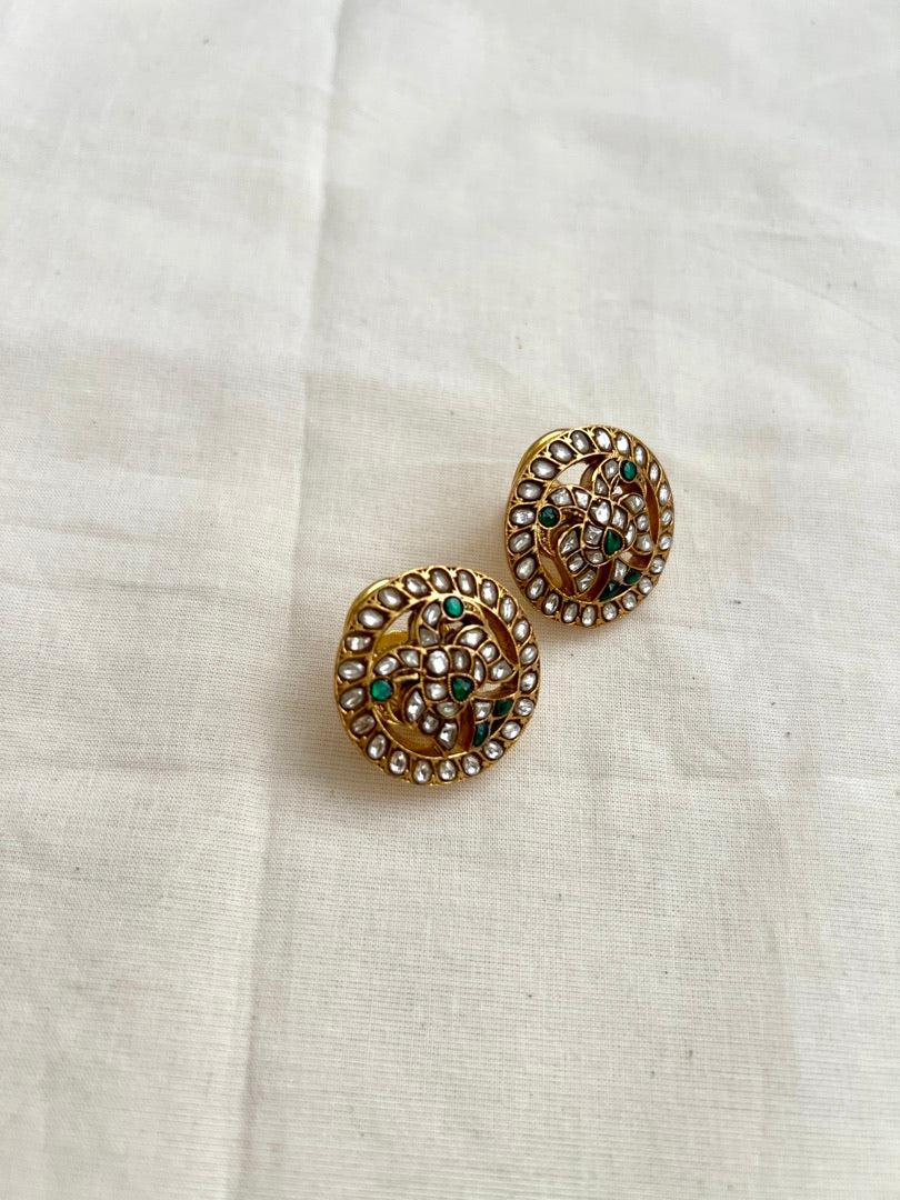 Gold polish kundan & green gandaberunda studs-Earrings-CI-House of Taamara