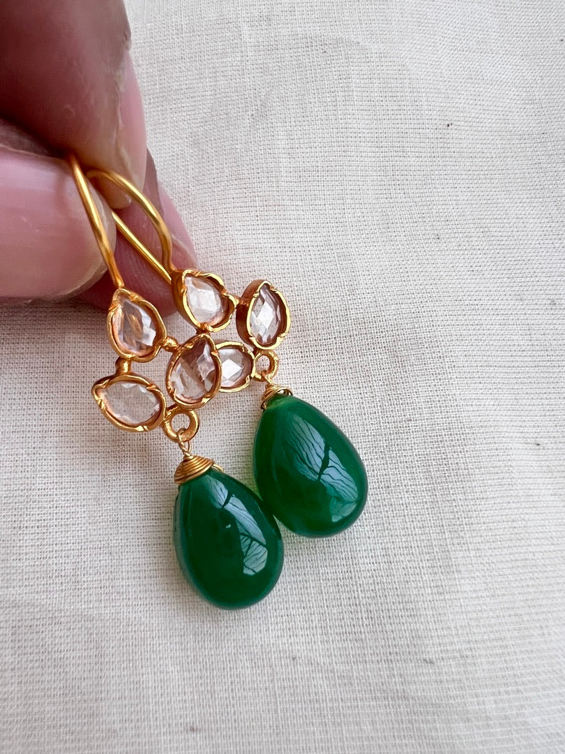 Gold polish kundan & green onyx bead hangings-Earrings-CI-House of Taamara