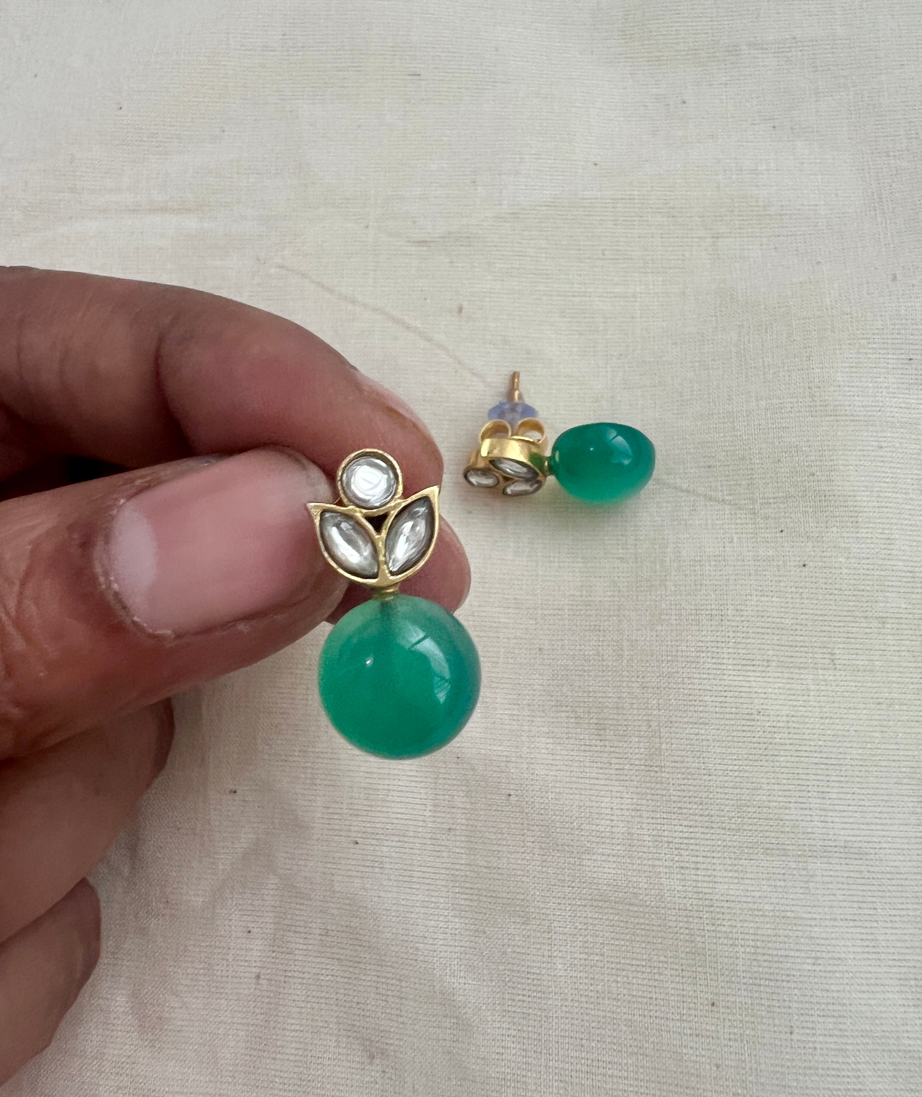 Gold polish kundan & green onyx studs-Earrings-CI-House of Taamara