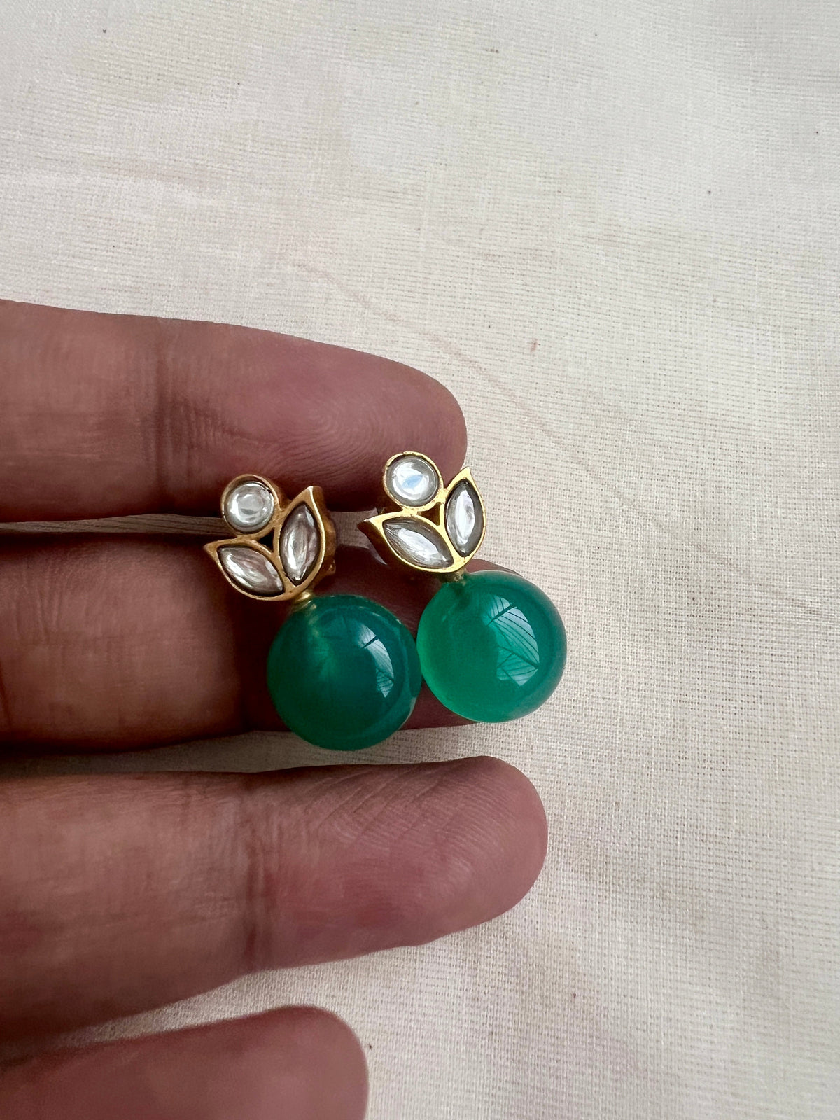 Gold polish kundan & green onyx studs-Earrings-CI-House of Taamara